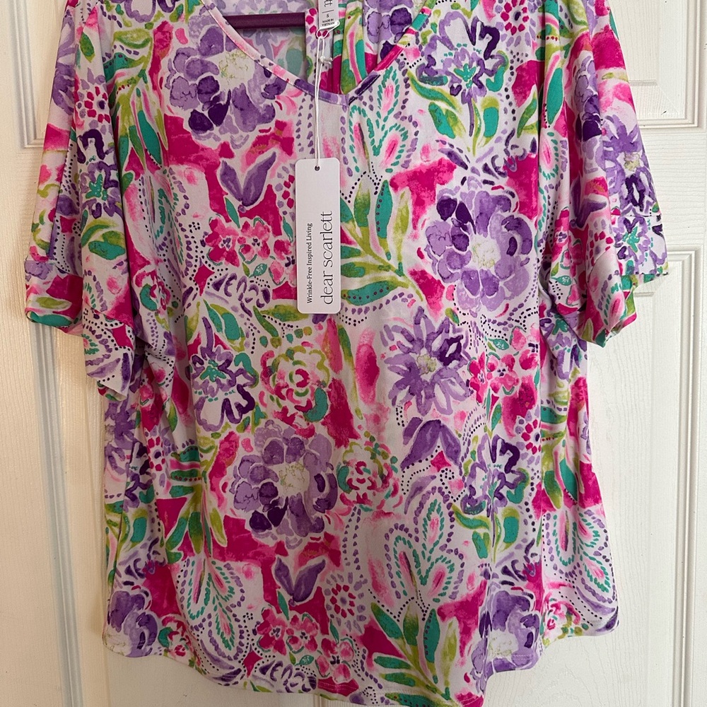 dear scarlett Floral V-Neck Tunic in Pink, Purple & Green with matching pants